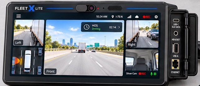 FleetX Lite in-cab display showing live views and trip information