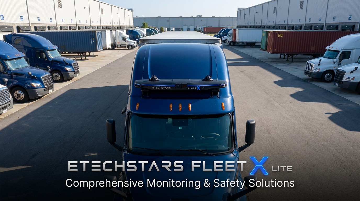 FleetX Lite roof assembly on a semi-truck cab at a fleet yard